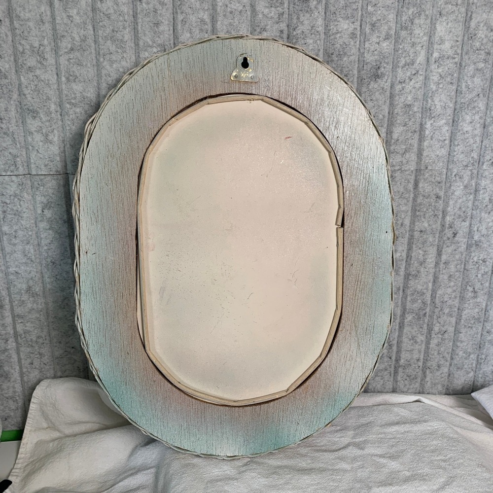 Vintage Oval Wicker Wall Mirror Pale Pink Woven Rattan Cottagecore Boho 16x12 - Picture 5 of 13